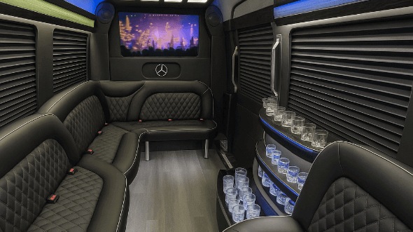 Interior of Charter Bus Company Moreno Valley's 14 Passenger Sprinter Limousine in Moreno Valley